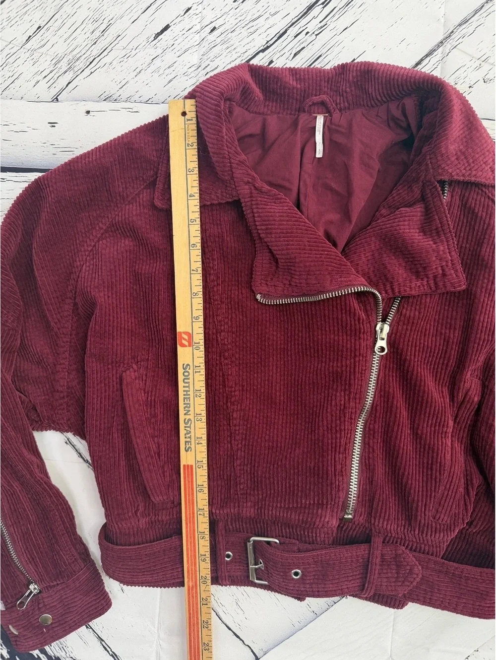 Free People Burgundy Corduroy Belted Cropped Moto Boho Chic Jacket Women Small